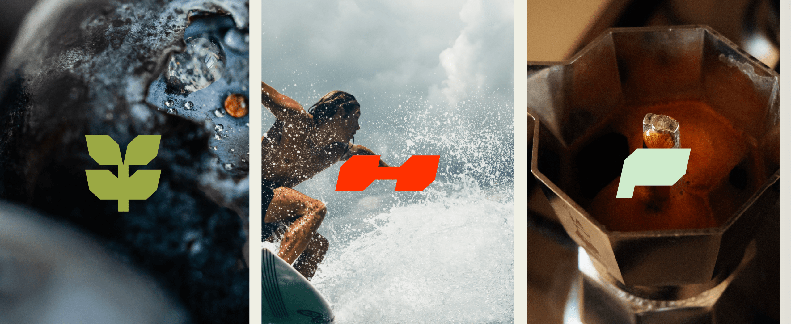 Kollage aus Fotos mit Icons. Erstens: Nahaufnahme von Heidelbeeren mit einem pflanzen-Icon, einer surfenden Person mit einem Hantel-Icon und einer geöffneten Kaffeemaschine mit Zielfahnen-Icons