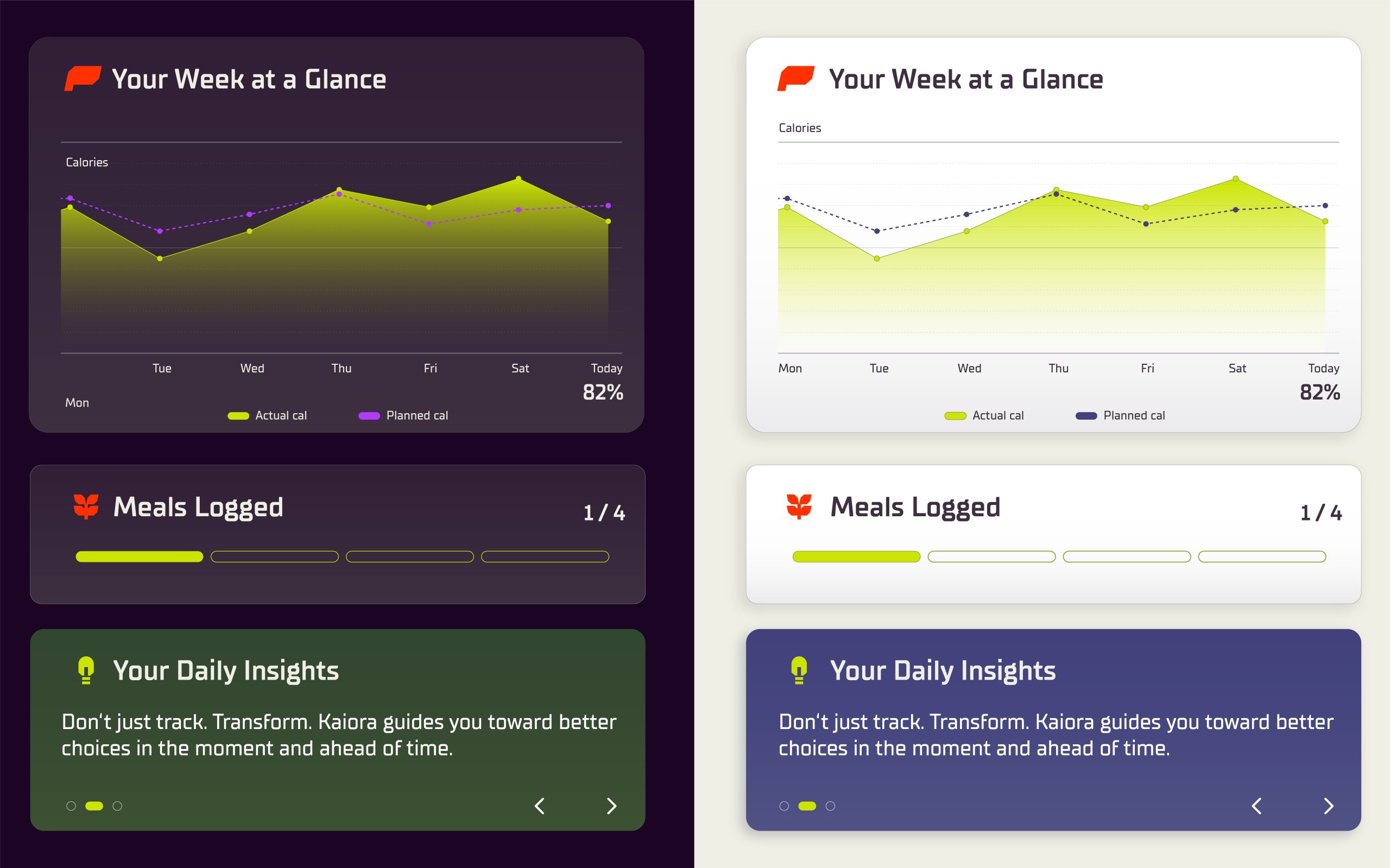 Gegenüberstellung der Farbanwendung in Dark- und Light-Mode der App